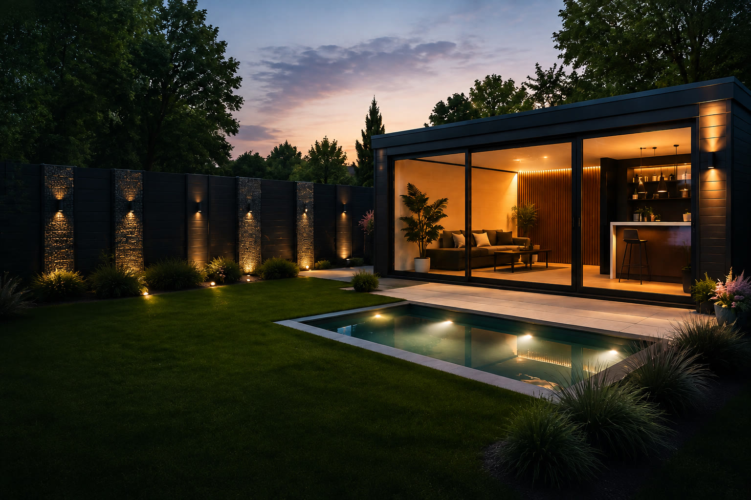 Verlichte Je-House tuinkamer met zwembad bij valavond